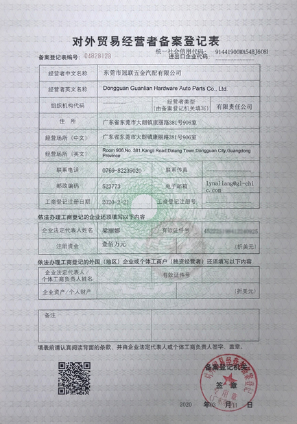 China Dongguan Guanlian Hardware Auto Parts Co., Ltd. certificaten